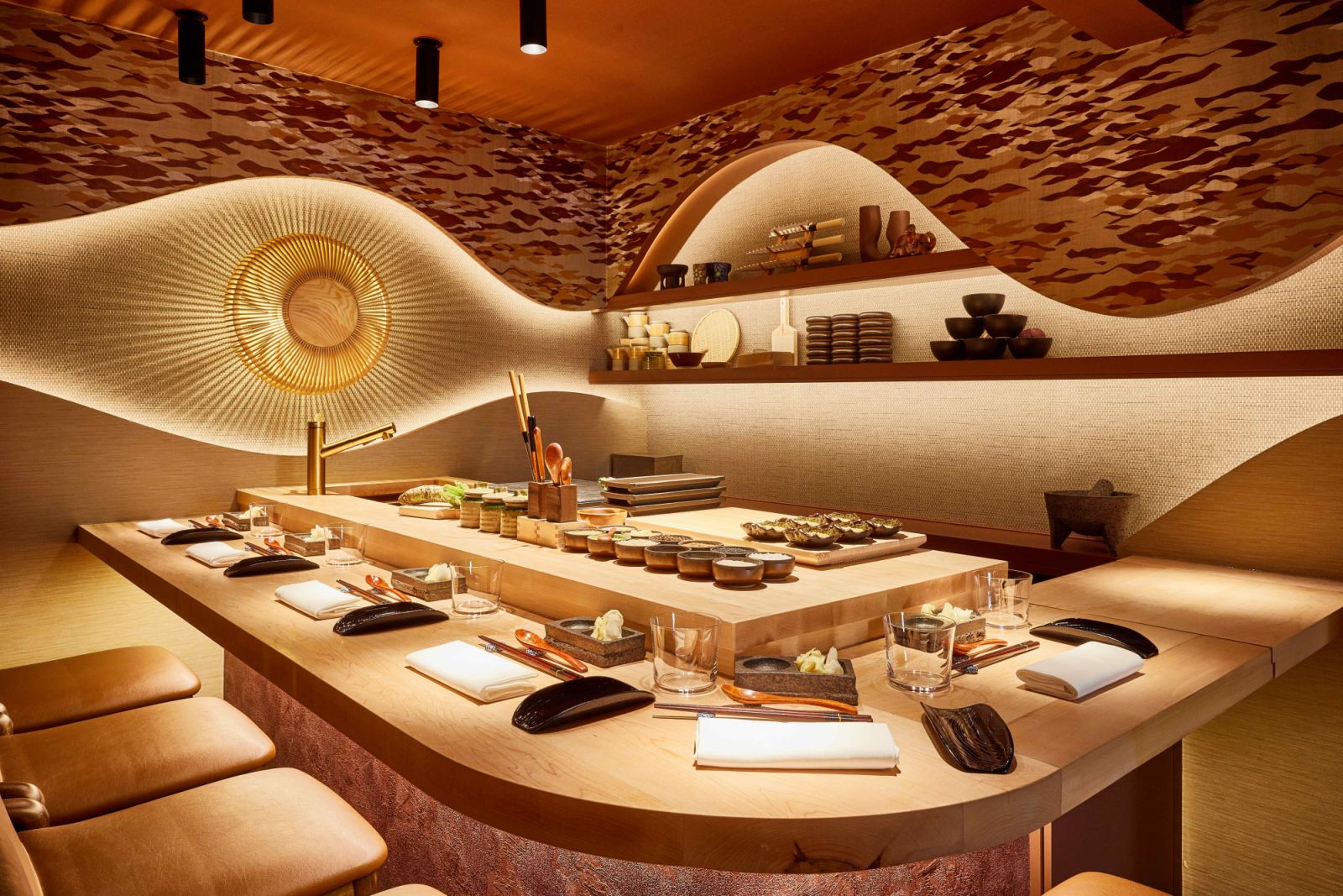 Seagrass wall coverings evoke delicate fish scales and waves