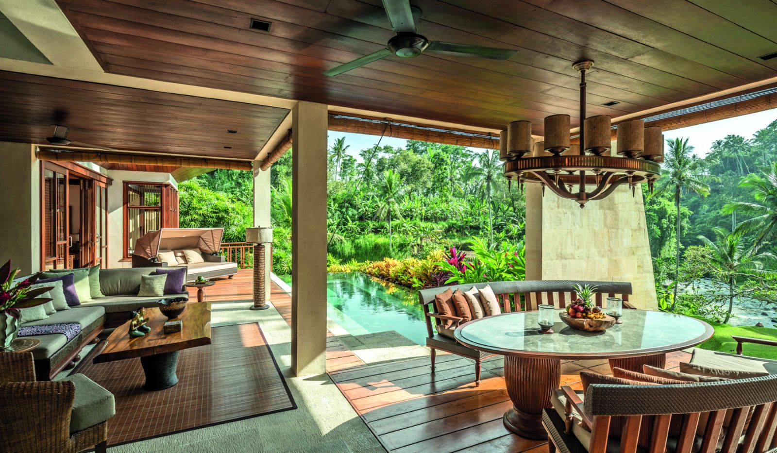 River-view two-bedroom villa living room at Four Seasons Resort Bali at Sayan