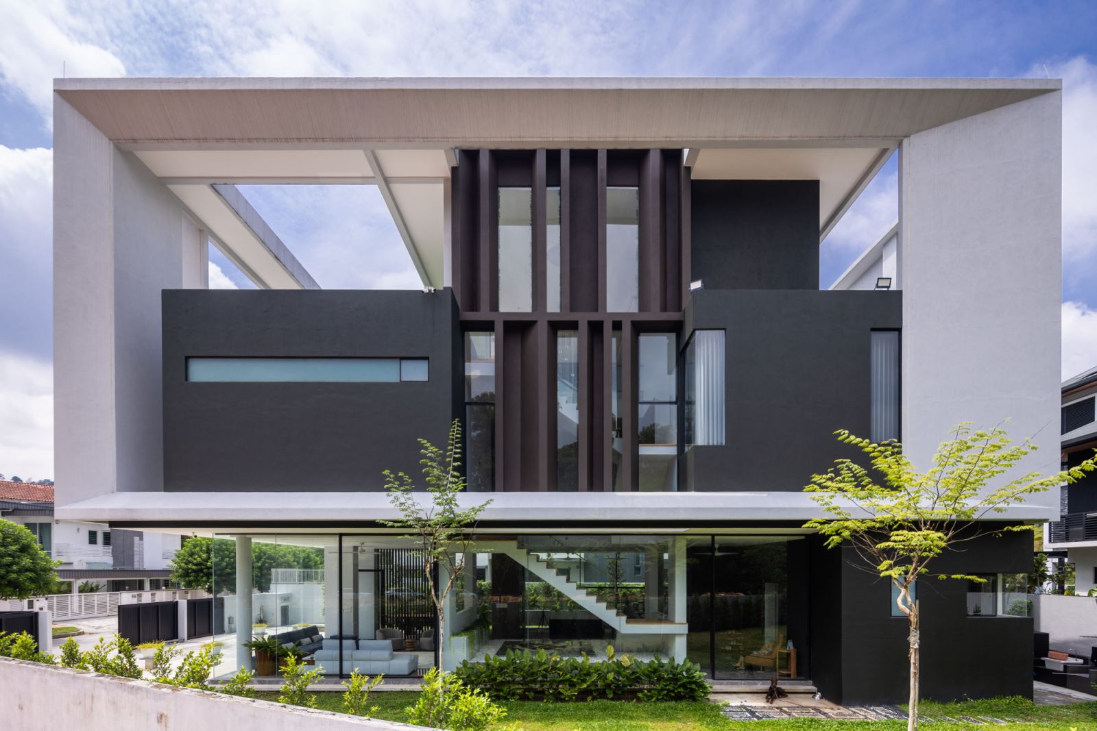 The building's skeletal structure defines its form without extraneous elements