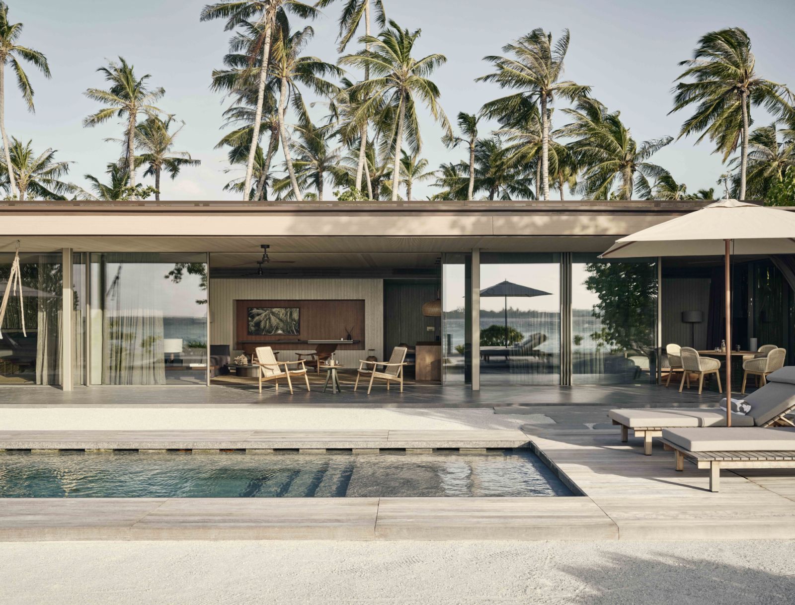 Two-bedroom sunrise beach pool villa exterior at Patina Maldives