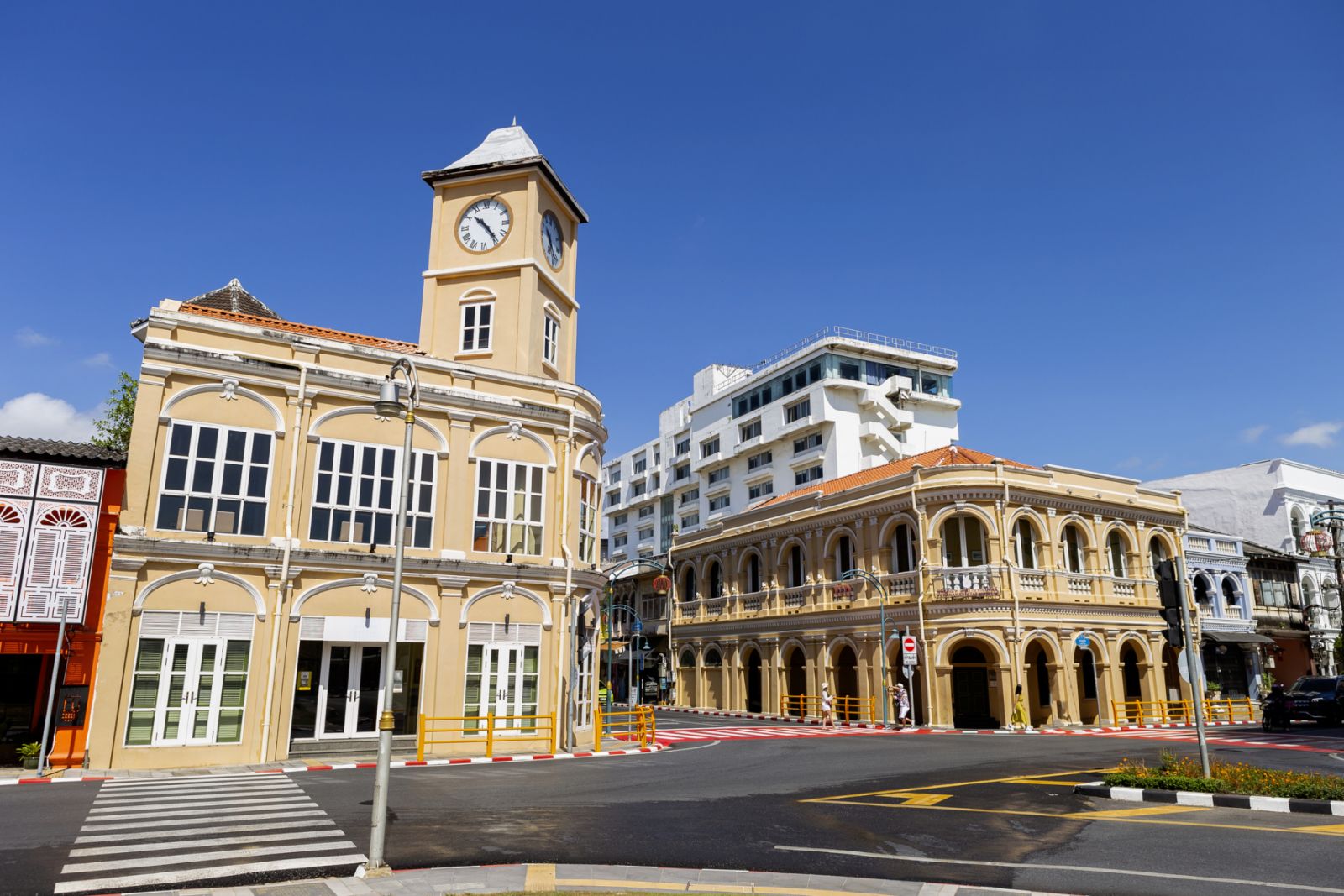 Old clock tower in Phuket old town, Thailand, architecture design, Restored chino-Portuguese architecture in Asia