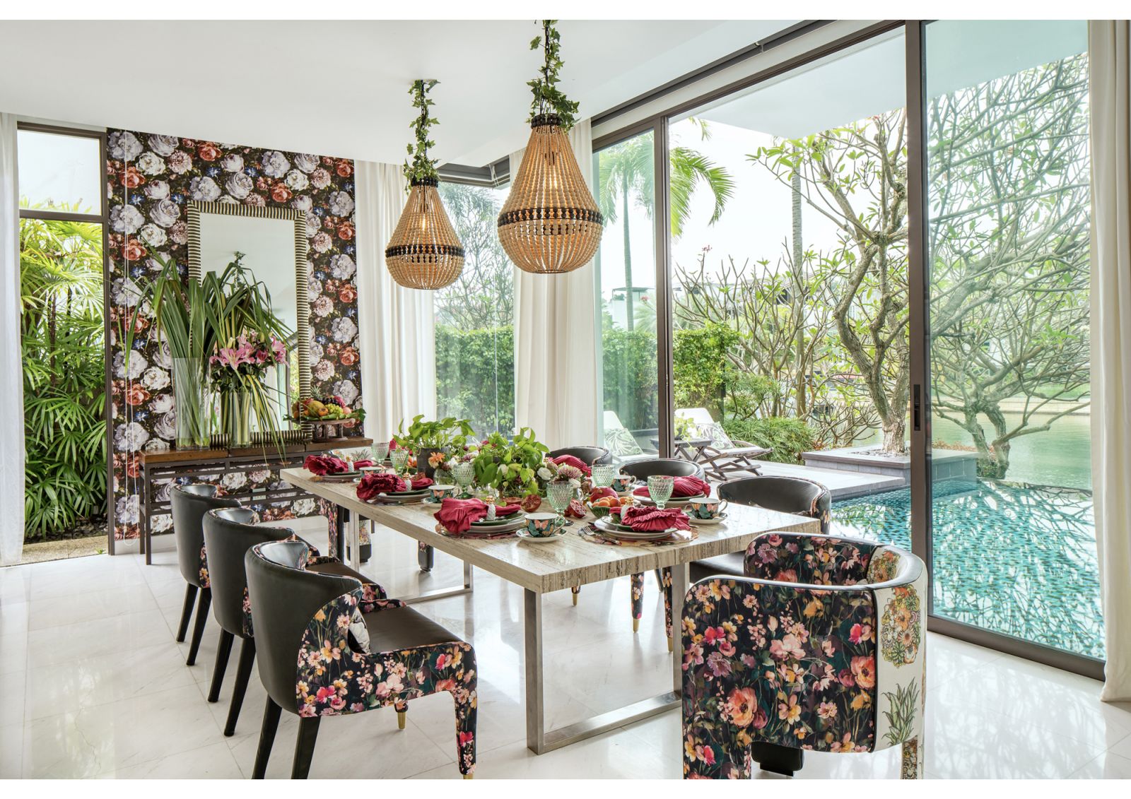 The dining area of a home featuring biophilic elements
