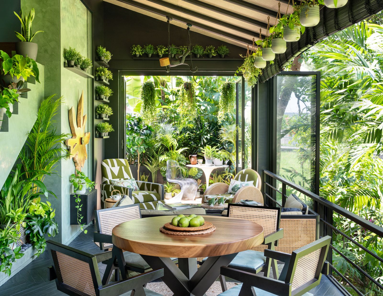 Verdant outdoor seating that instantly evokes vibrancy and well-being