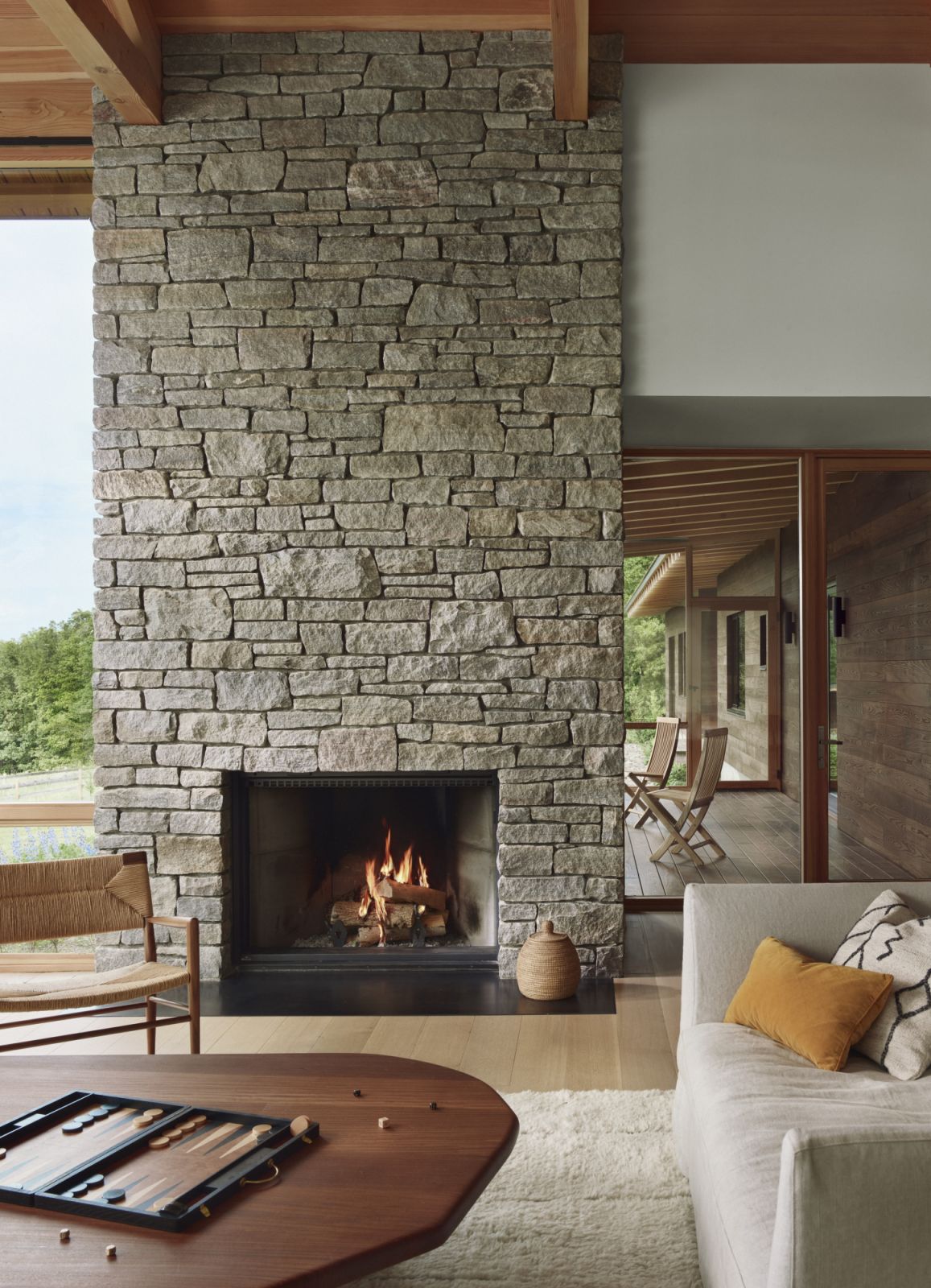 The stone fireplace, made with local granite