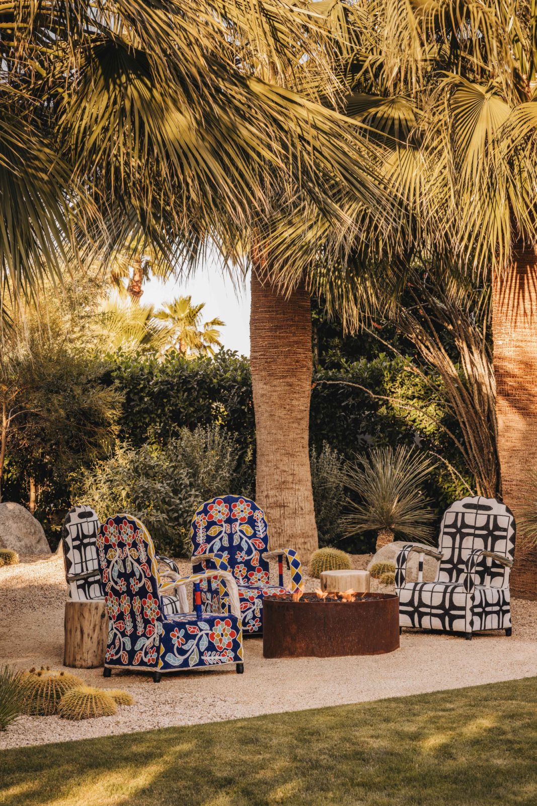 African beaded chairs decorate the outdoor setting
