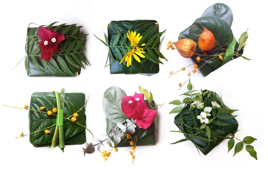 Natural gift-wrapping with large leaves, with a touch of colours from blooms (Photo: Pinterest)