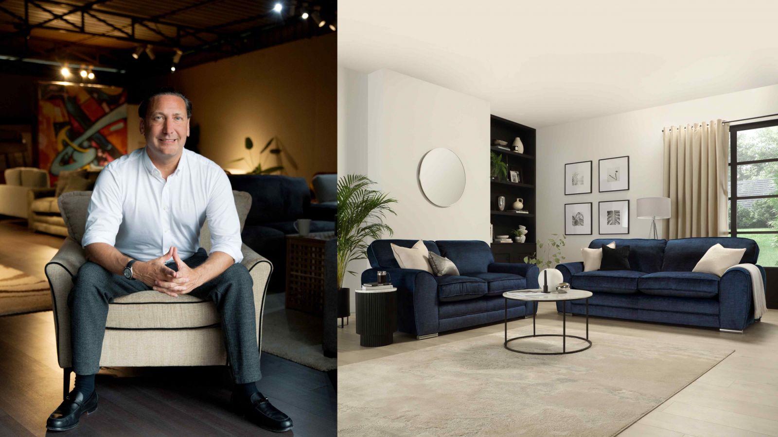 Howard Obbard of BSSB Furniture Group and Furniture and Choice Malaysia (left); The Burford three-plus-two seater sofa set (right)