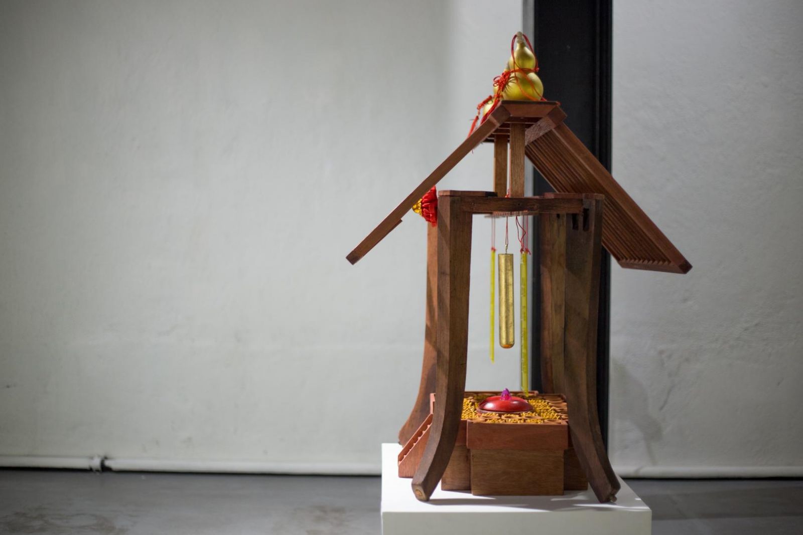It is a PLEASURE to meet you; wood, collected furniture part, incense, Chinese divination wood, light bulb, brass and laser cut acrylic