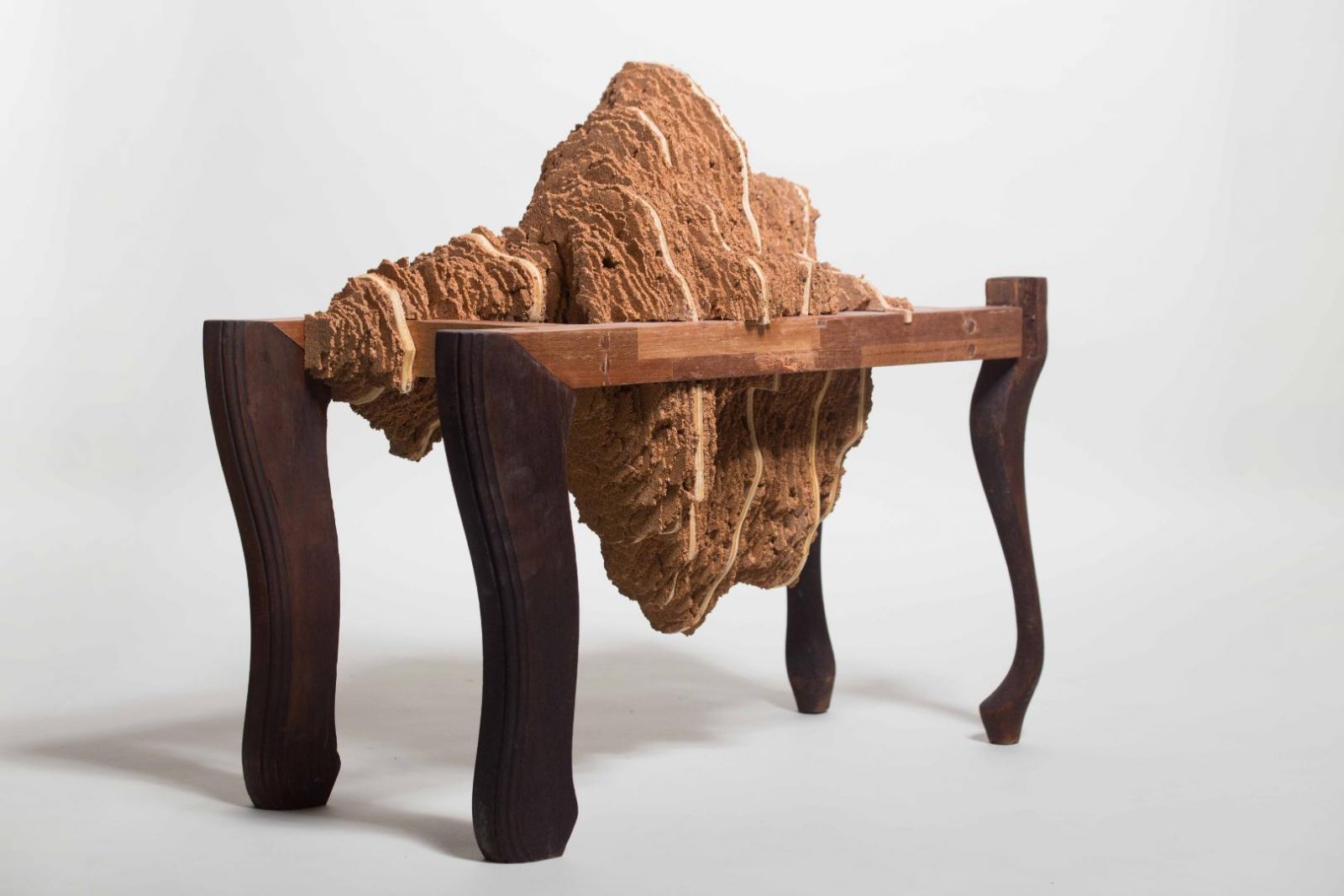 Between Us; wood cork, collected furniture part, wood and needle