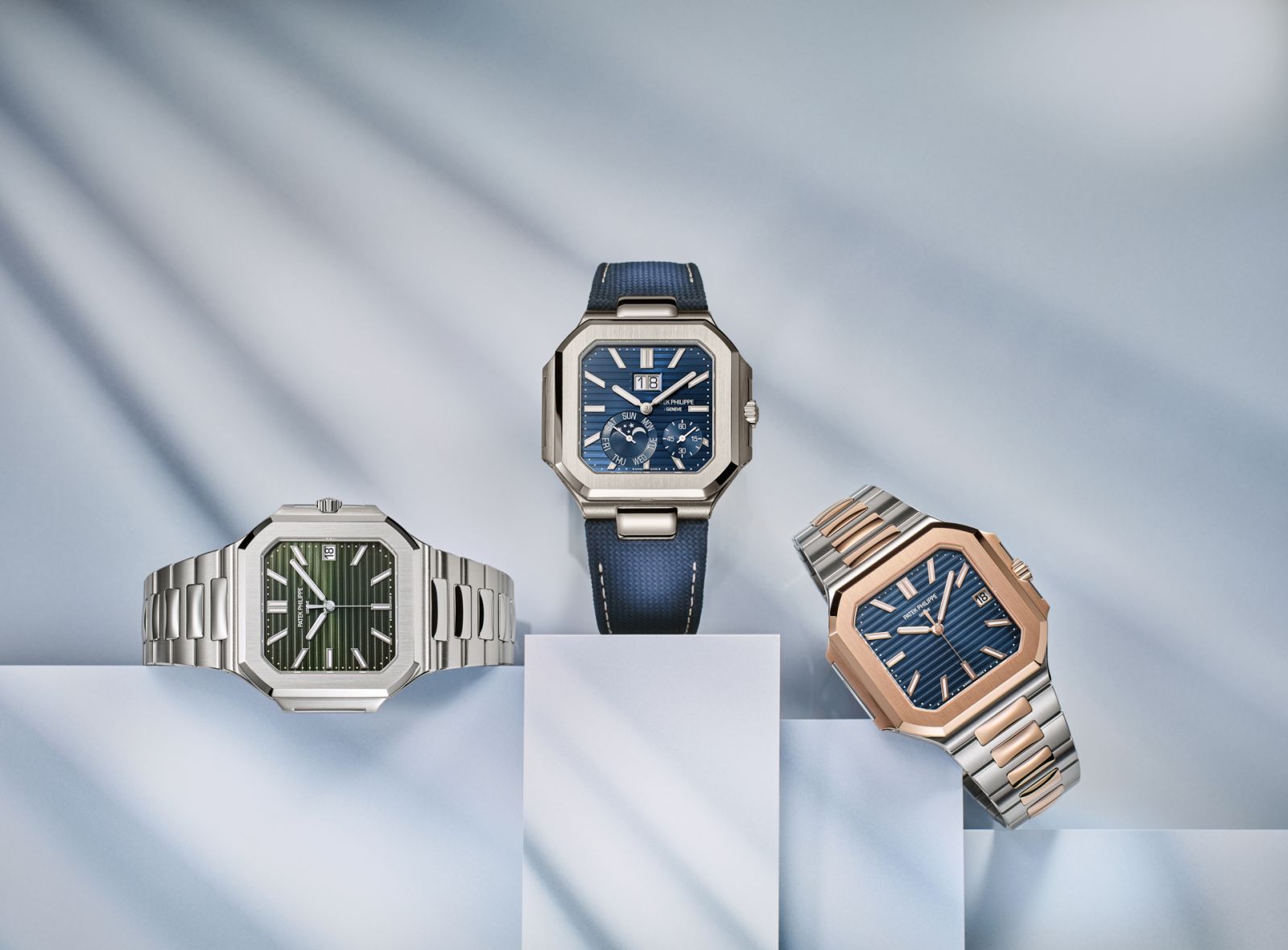 Patek Philippe, De gauche à droite: 5821/1A_001, 5822P_001, 5821/1AR_001