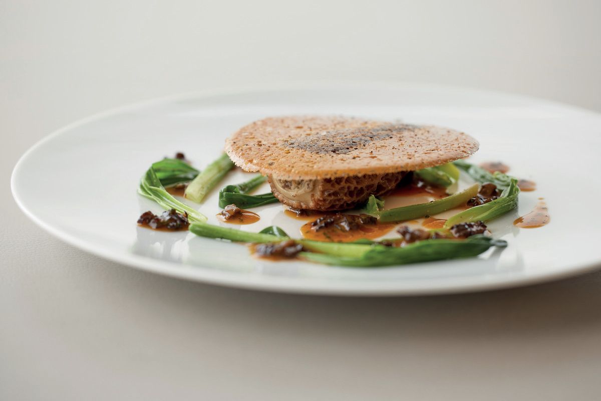 Morel mushrooms with wild garlic and botan ebi