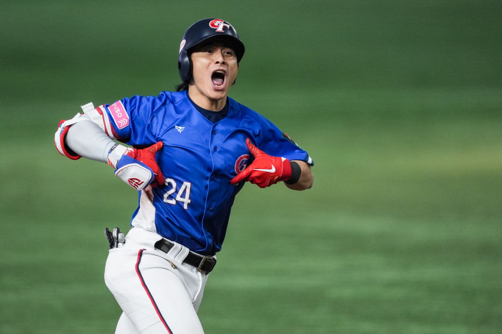 TOKYO, JAPAN - NOVEMBER 24: Chieh-Hsien Chen #24 of Team Chinese Taipei celebrates after hitting a three run home run in the 5th inning during the WBSC Premier12 Gold Medal game between Chinese Taipei and Japan at Tokyo Dome on November 24, 2024 in Tokyo, Japan. (Photo by Shi Tang/Getty Images)
