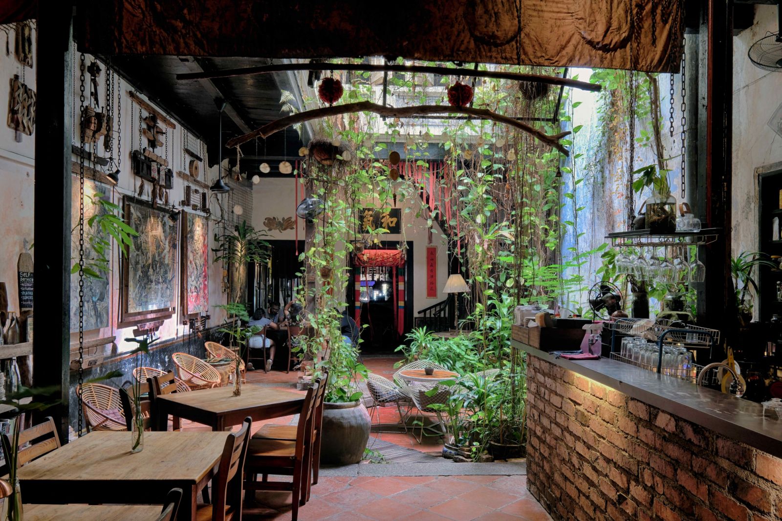 Thriving vegetation in the air well of Melaka’s Baboon House