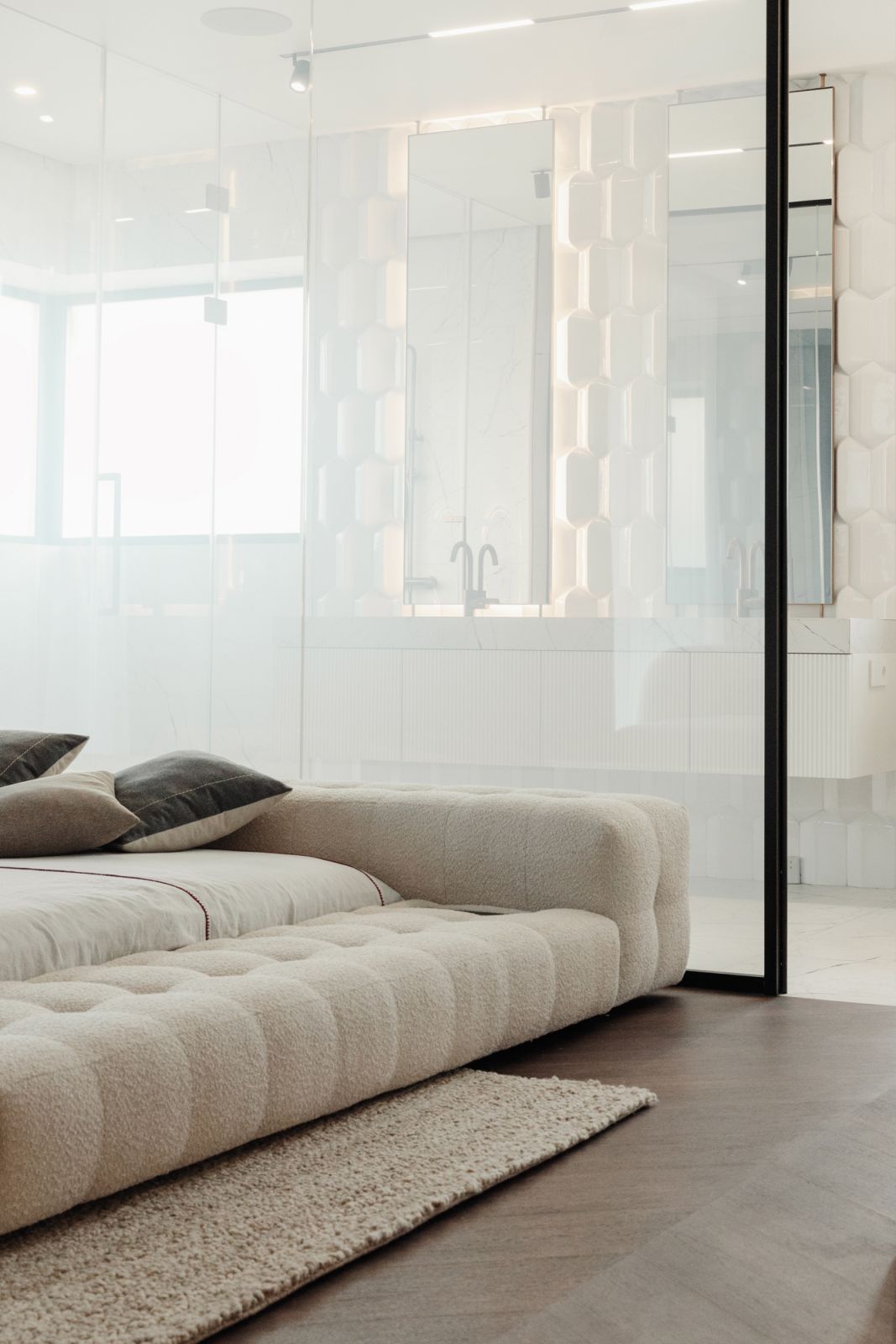 The smart-glass wall can be frosted for privacy if needed