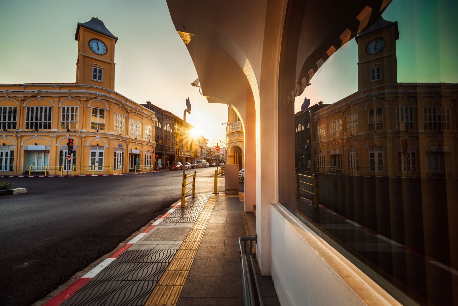 Street and City Old Town of Phuket City, Thailand, Landscape Scenery Downtown District of Phuket Province With Beautiful Retro Building Architecture. Cityscape and Clock Tower Landmark of Phuket Old Town, Thailand