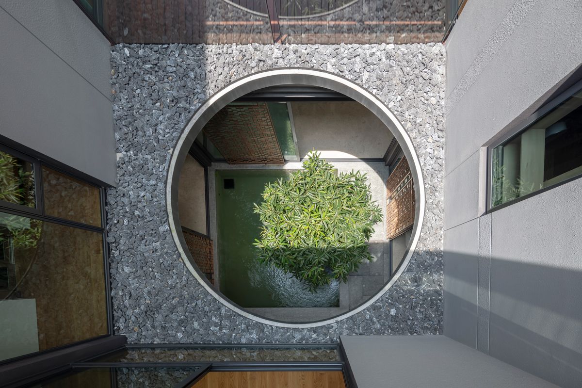 A bird's eye view of the pond through the circular opening
