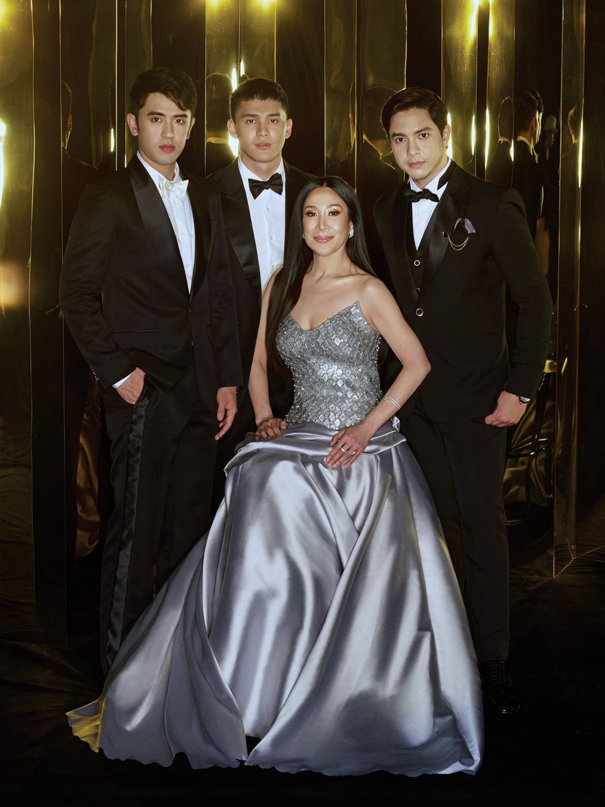 Valdes wears Noel Estopito gown, David Licauco wears Ermenegildo Zegna suit, Ruru Madrid wears Joey Samson suit, and Alden Richards wears Paulo Lazaro suit. All watches and jewellery by Cartier