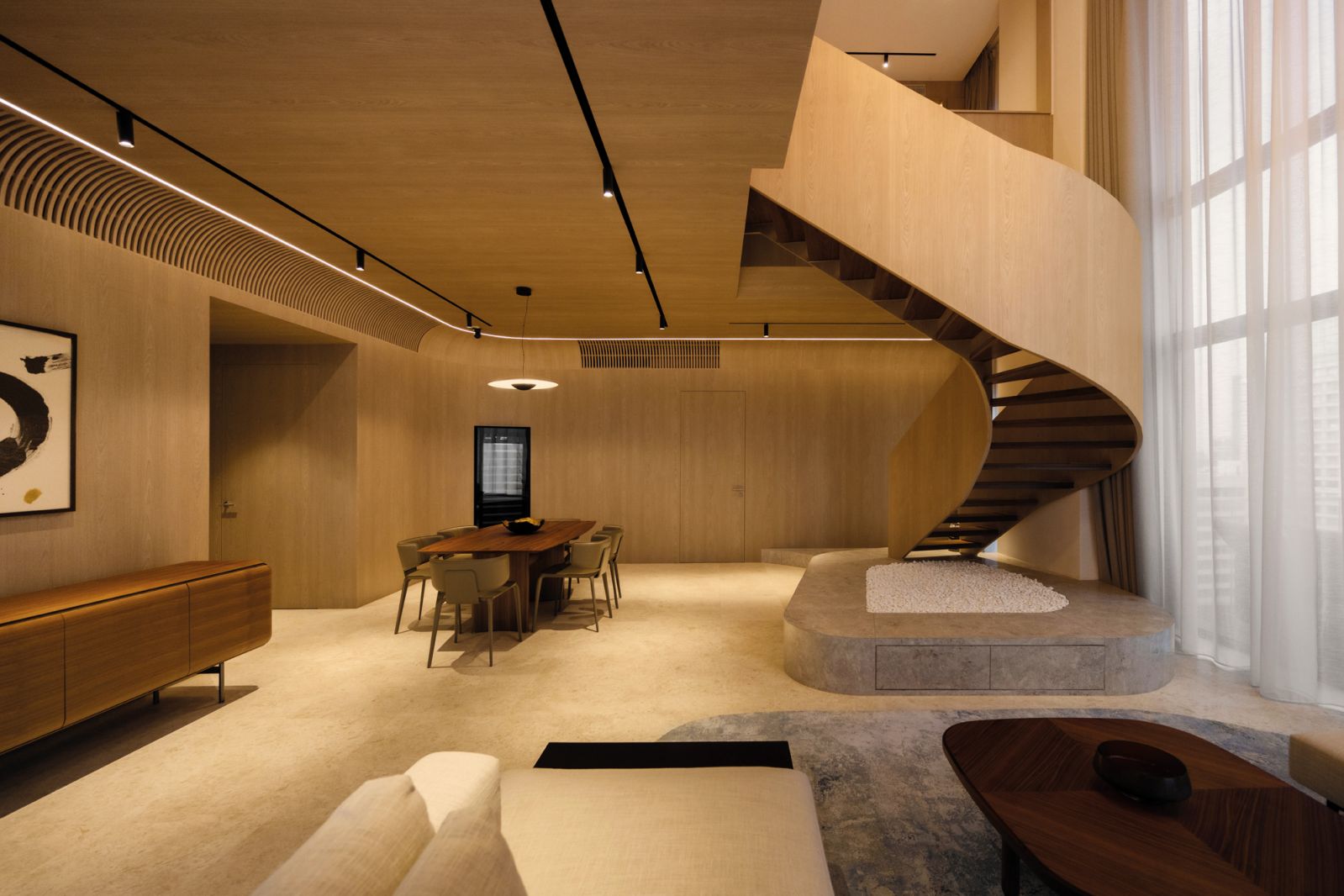 The inviting and luxurious living and dining area