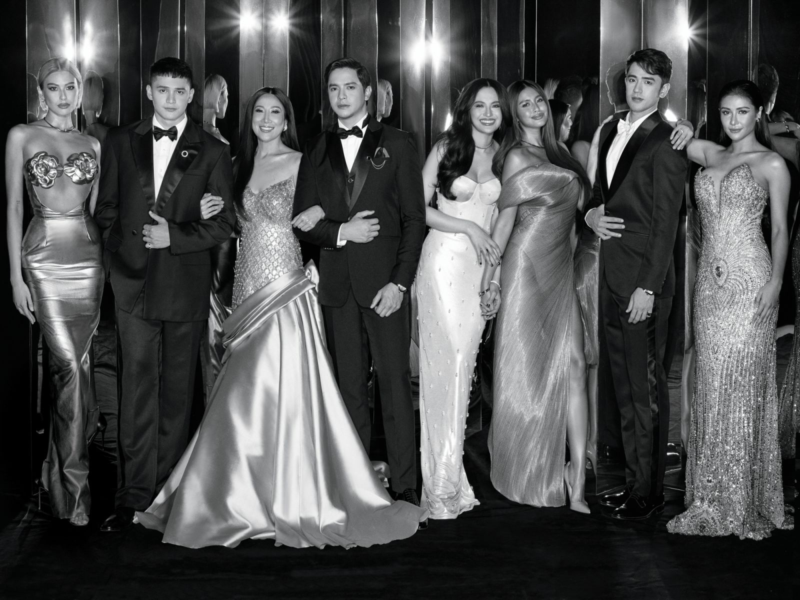 Michelle Marquez Dee wears Kelvin Umlas gown, Madrid wears Joey Samson suit, Valdes wears Noel Estopito gown, Richards wears Paulo Lazaro suit, Julie Anne San Jose wears AJ Javier gown, Gabbi Garcia wears Rajo Laurel gown and Christian Louboutin shoes, David Licauco wears Ermenegildo Zegna suit, and Sanya Lopez wears Leo Almodal gown. All watches and jewellery by Cartier