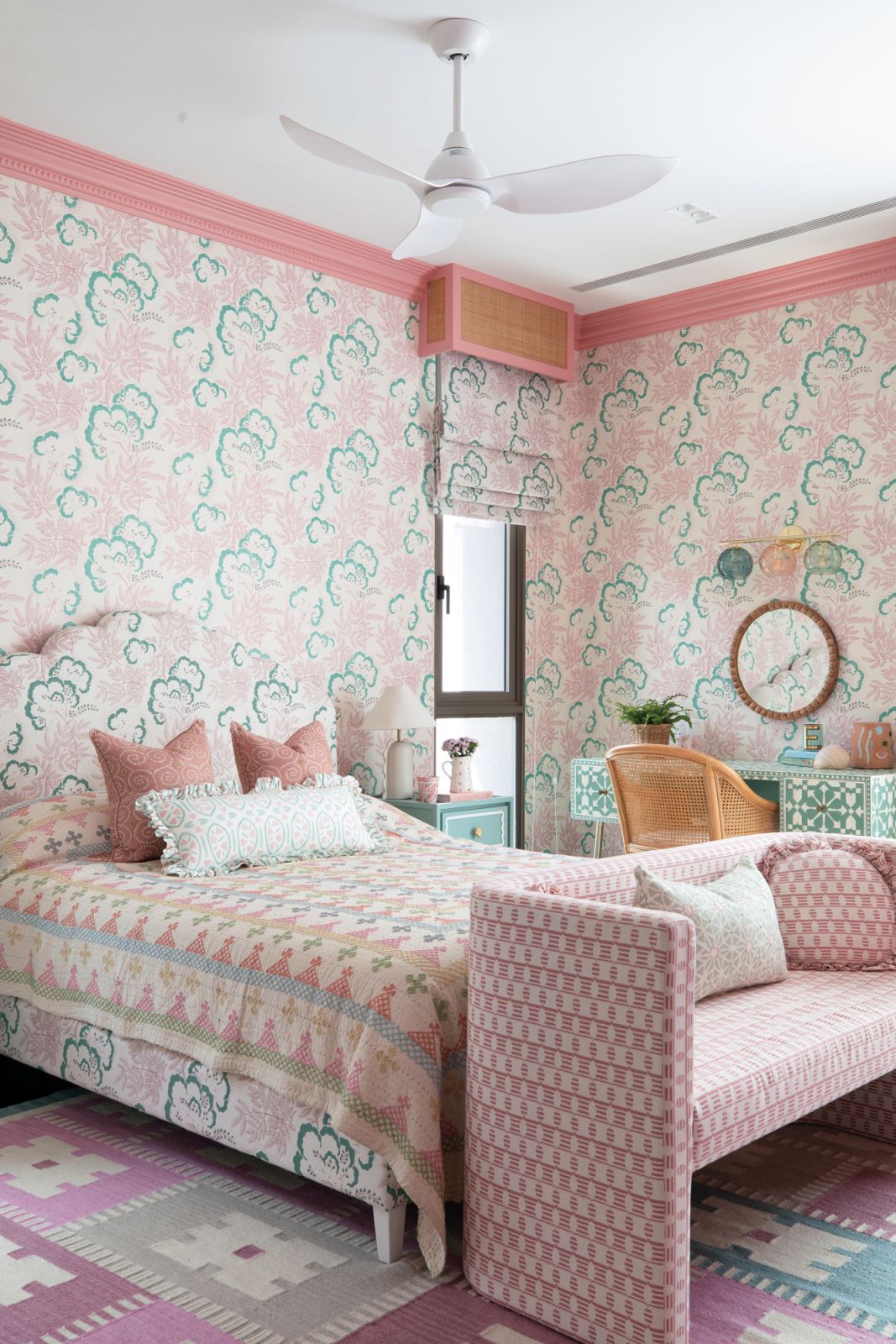 Rapture & Wright’s Cloud Garden wallpaper infuses this uplifting pink bedroom with subtle glamour