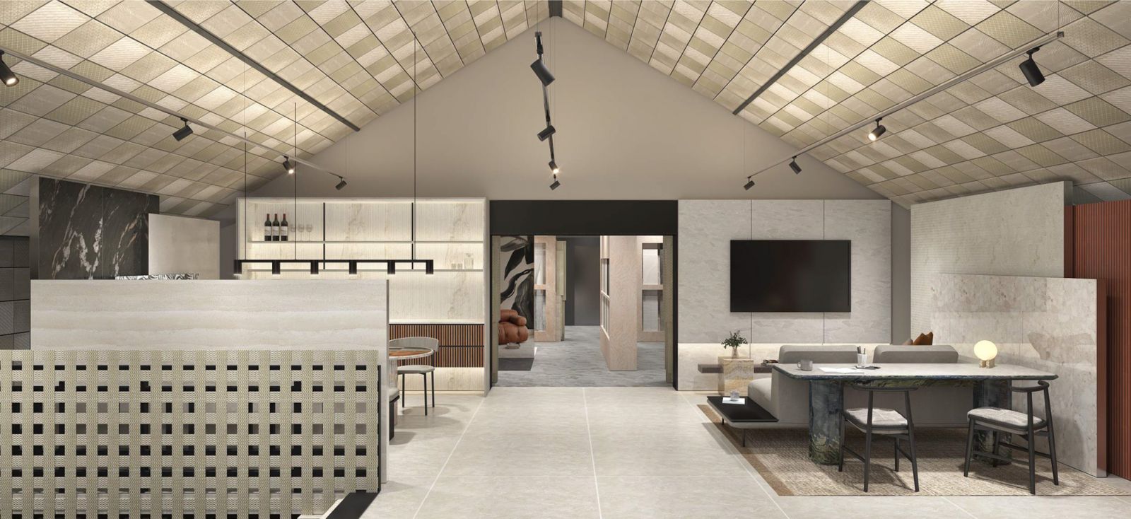 The minimalist living-dining area of Hafary House under a tiled ceiling