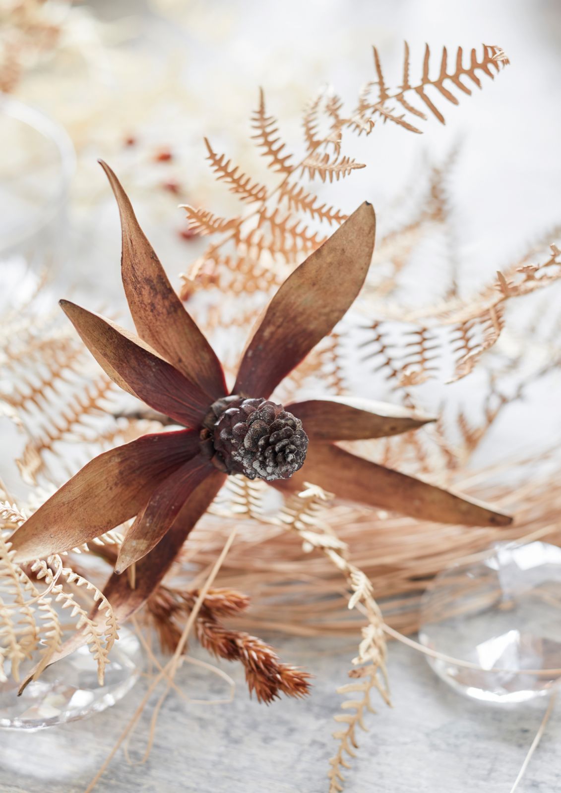 Dried flowers, seed pods and leafy foliage offer a unique twist on festive décor