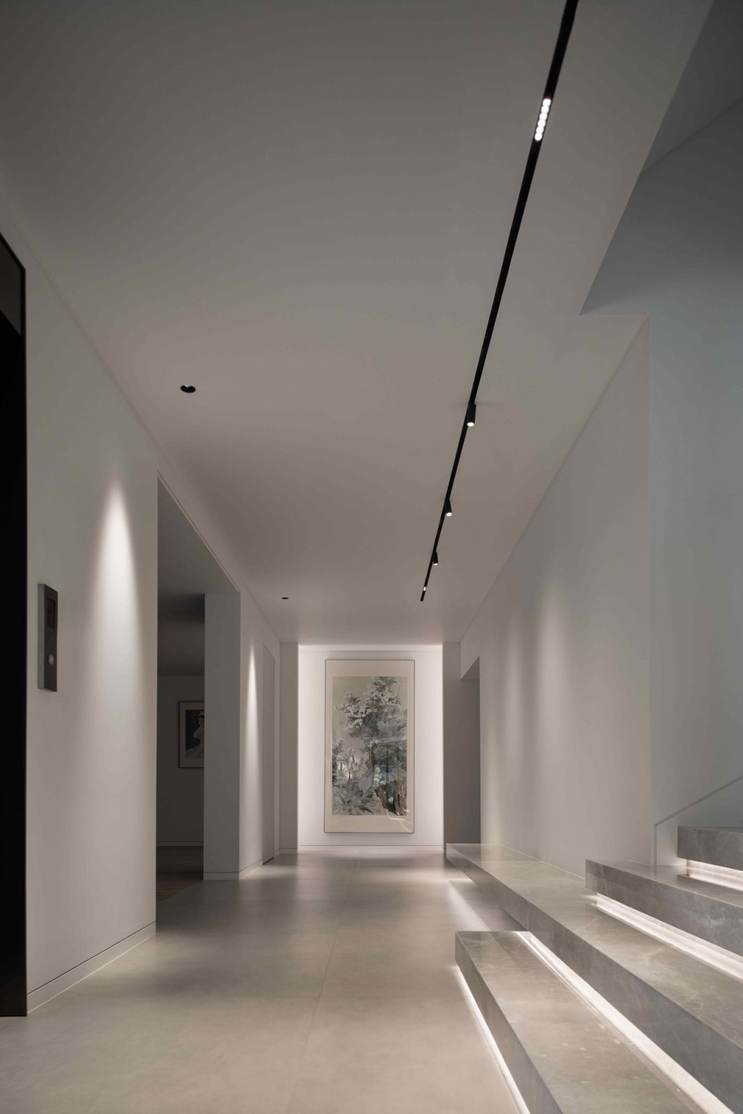 A baseline palette of white walls and off-white stone flooring