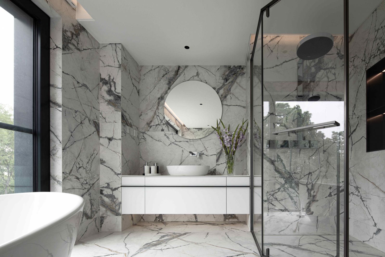 Marble patterns offer an animated counterpoint to the overarching design narrative