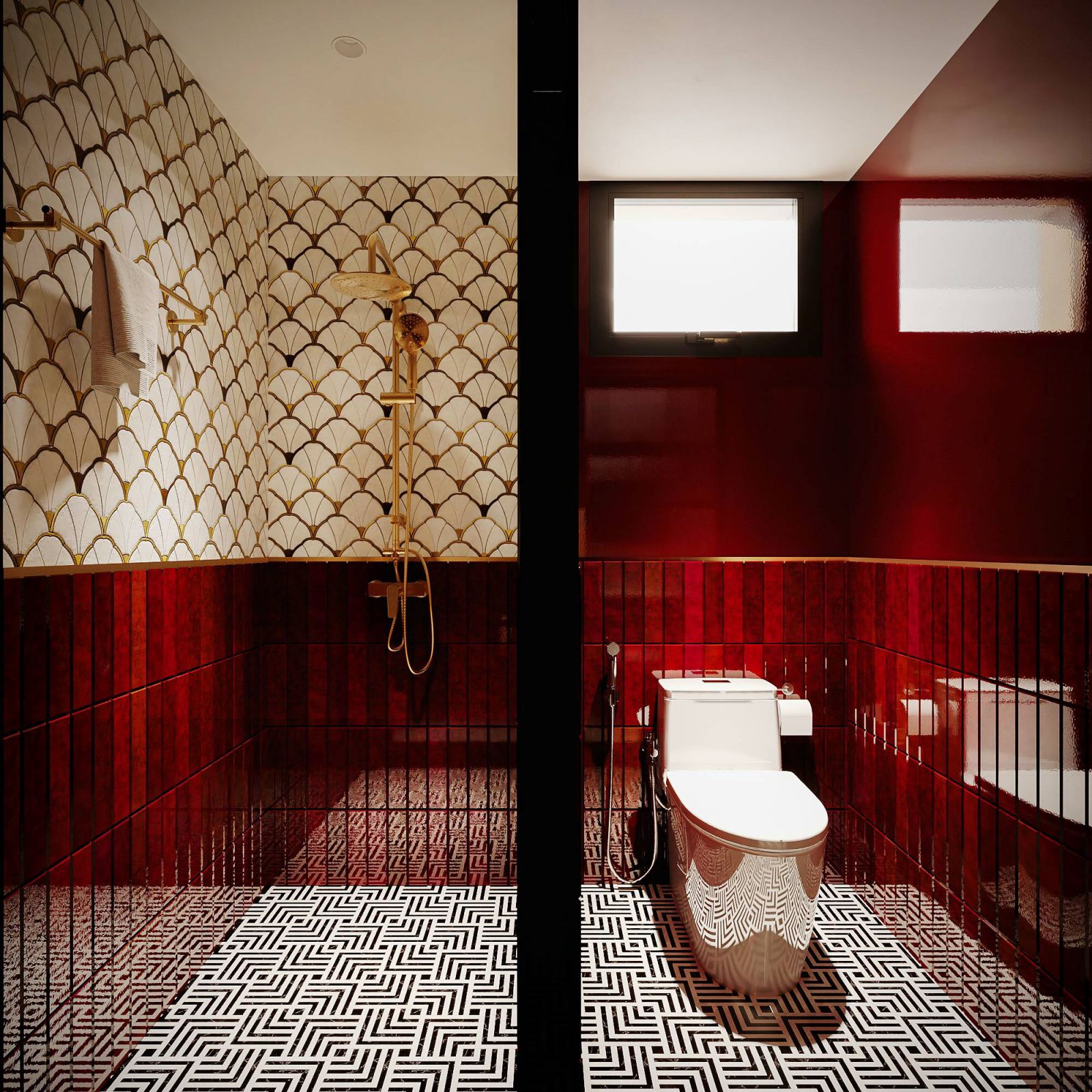 A view of the powder room, split into two separate spaces