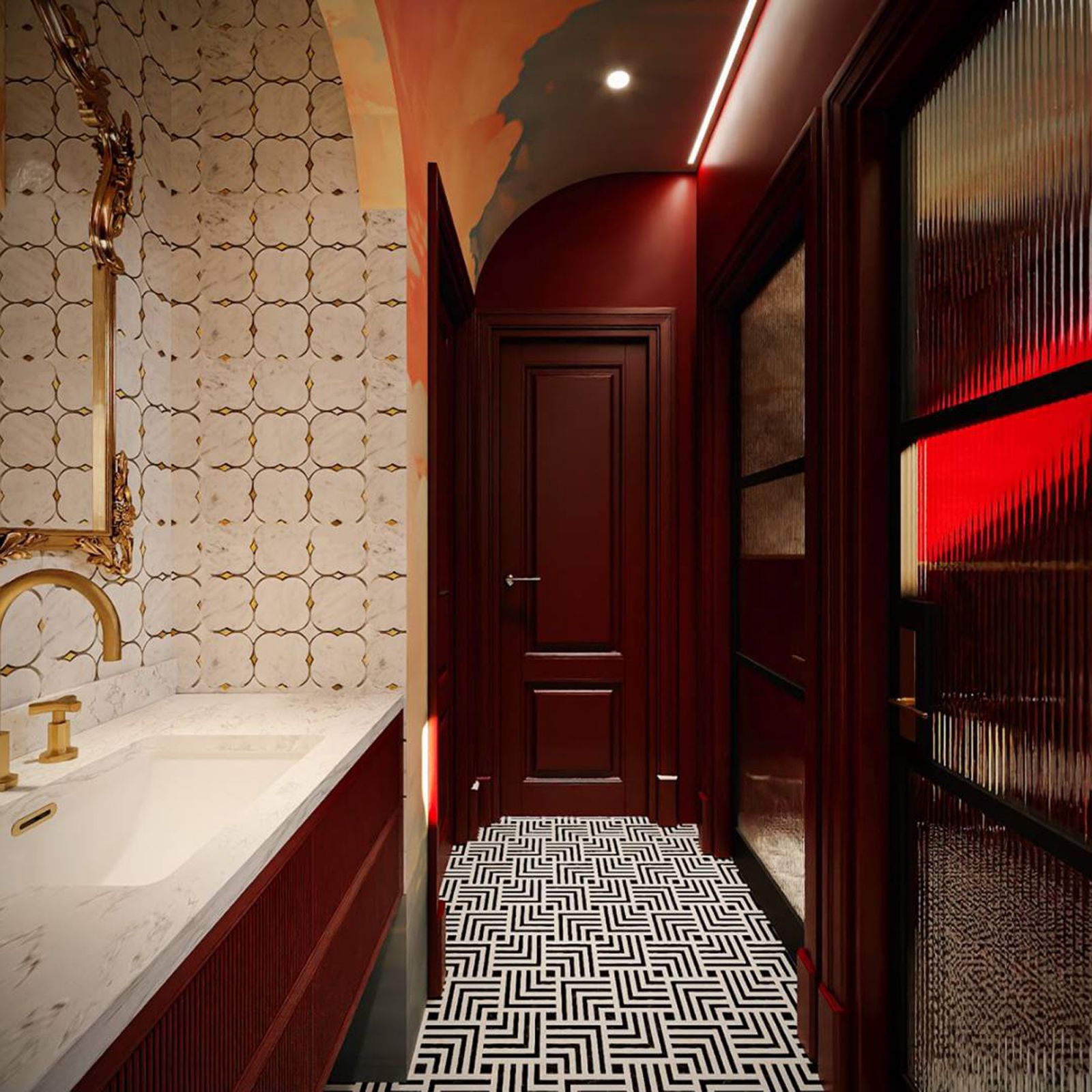 The corridor separating the two areas of the powder room