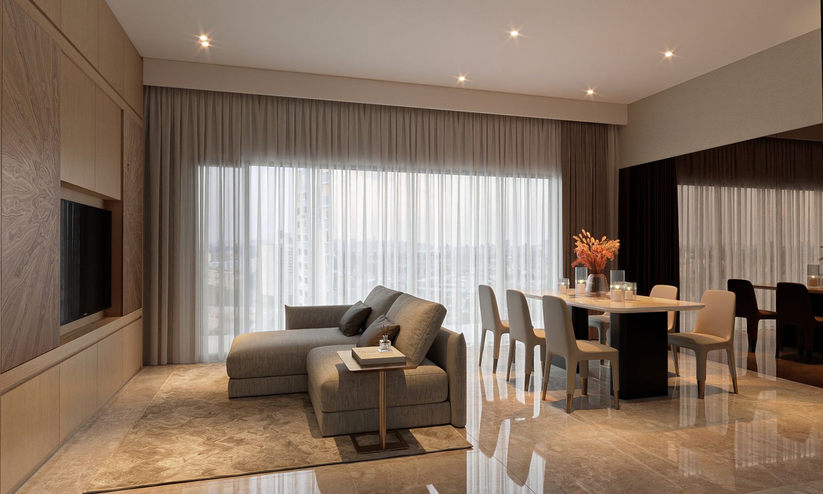 The living and dining area in the Midtown Modern condominium apartment