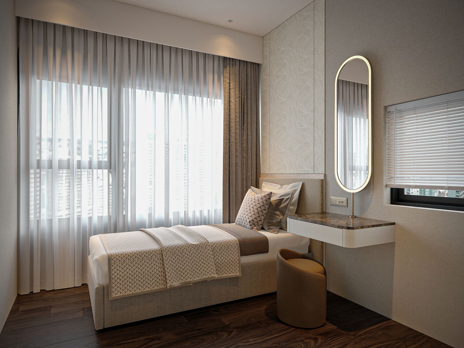 The second daughter’s room, like the first one, incorporates clever storage solutions, such as an integrated storage bed
