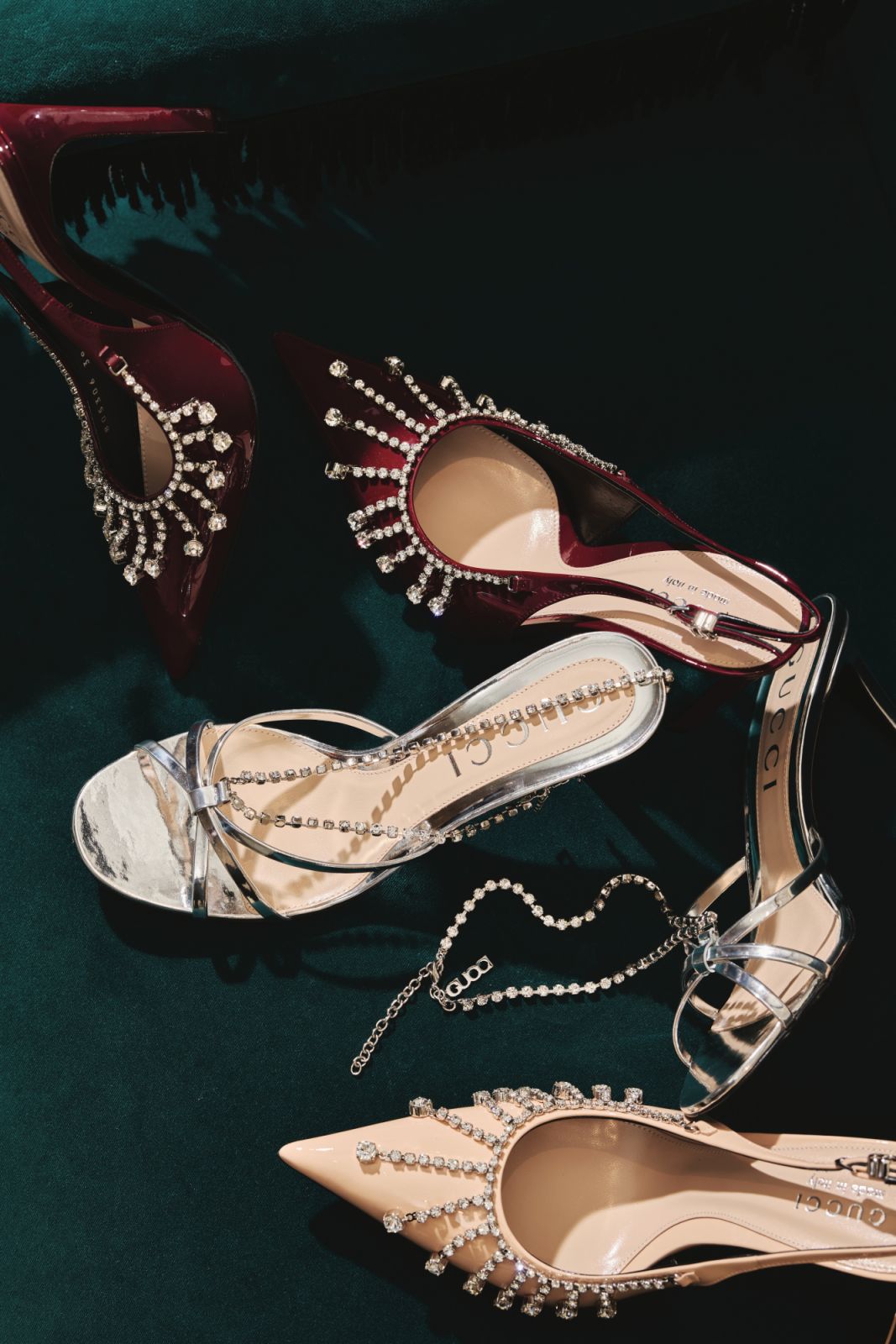 Gucci’s pumps have been adorned with crystal chains and crystal chain sandals (Photo: JV Rabano)