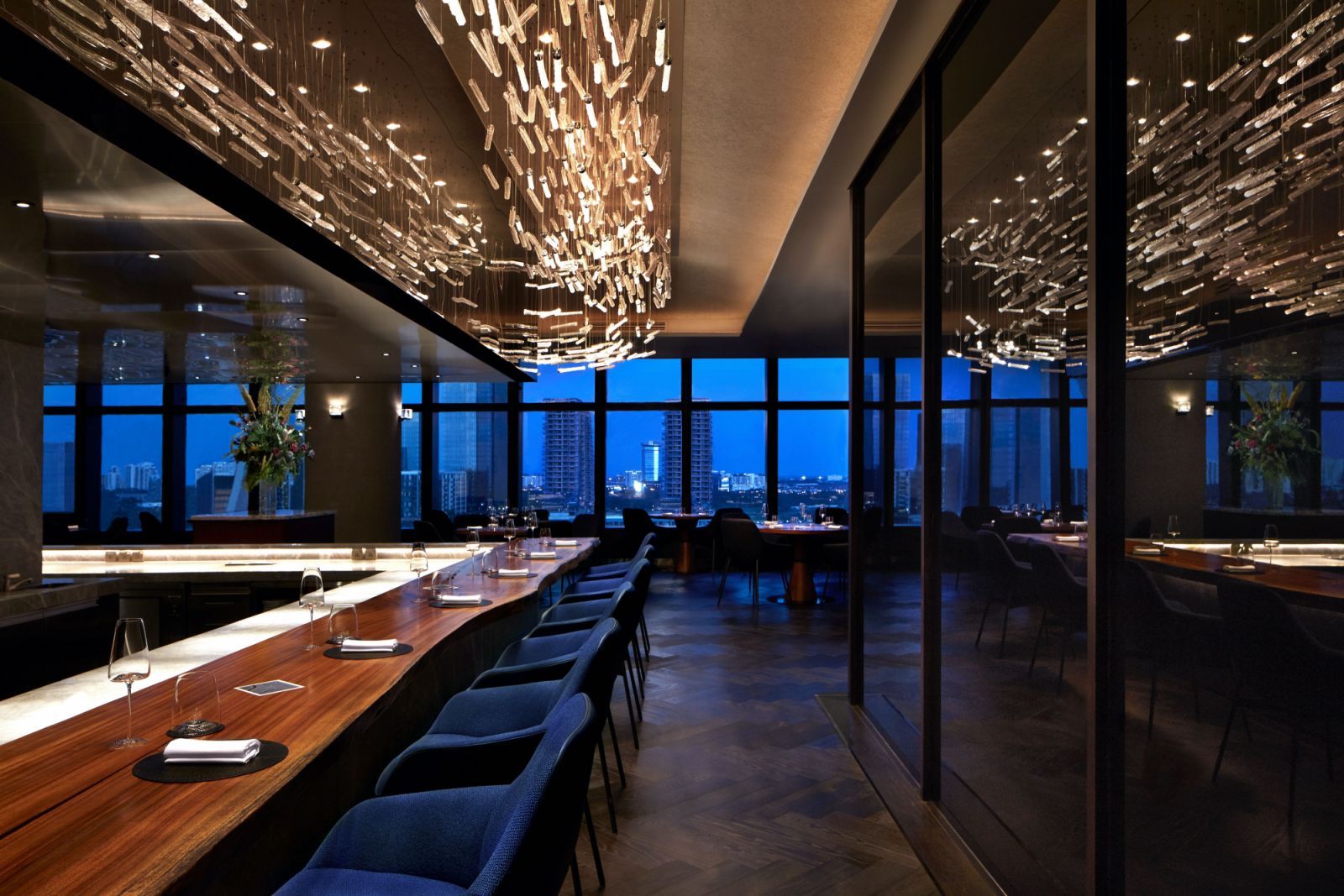 Dining table at open kitchen counter
