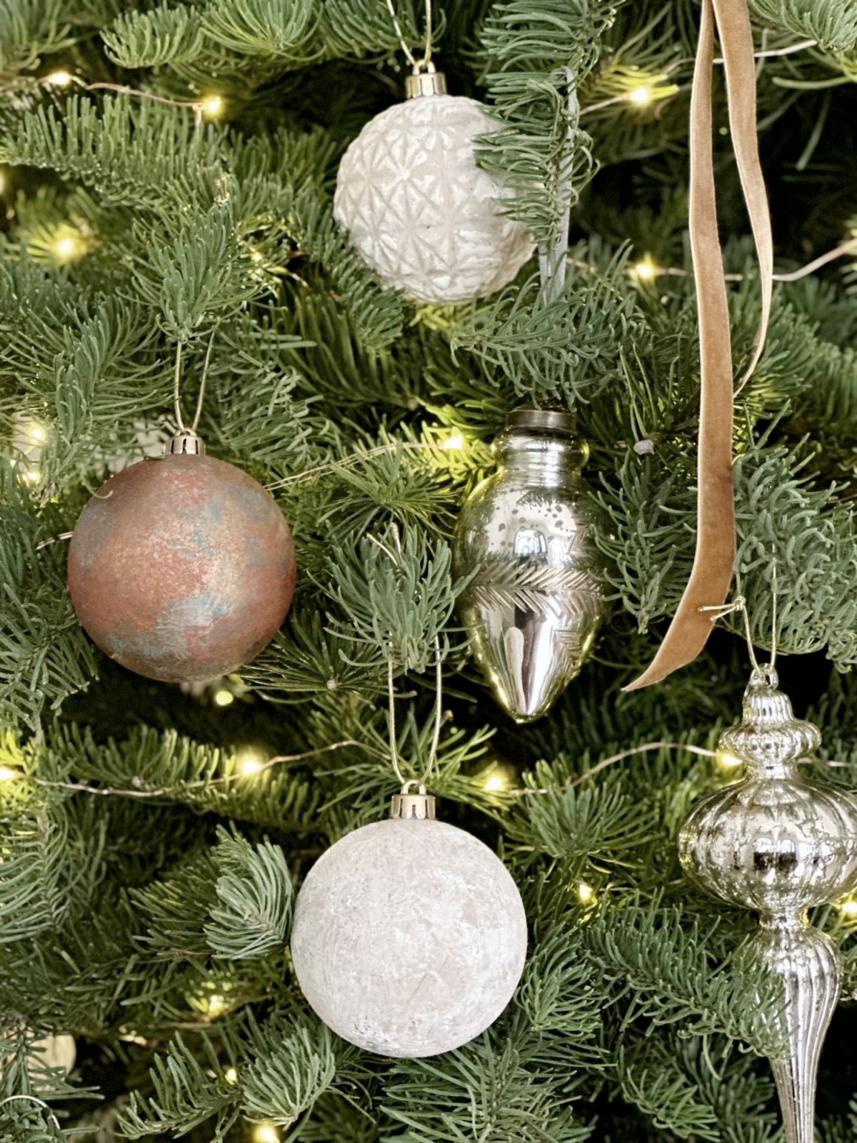 Close-up of the unique ornaments on Rowena Gonzales' Christmas tree