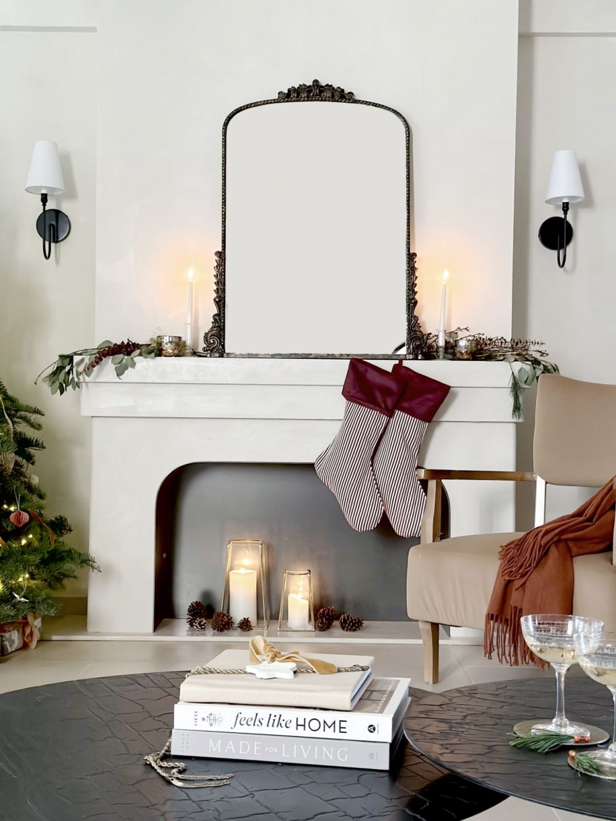 The fireplace by the Christmas tree, with unique decorations to bring in the festive spirit