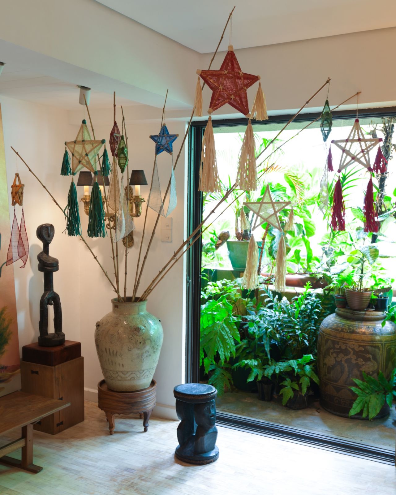 Mark Wilson’s unique Christmas tree, featuring parols of different shapes and colours suspended on bamboo sticks
