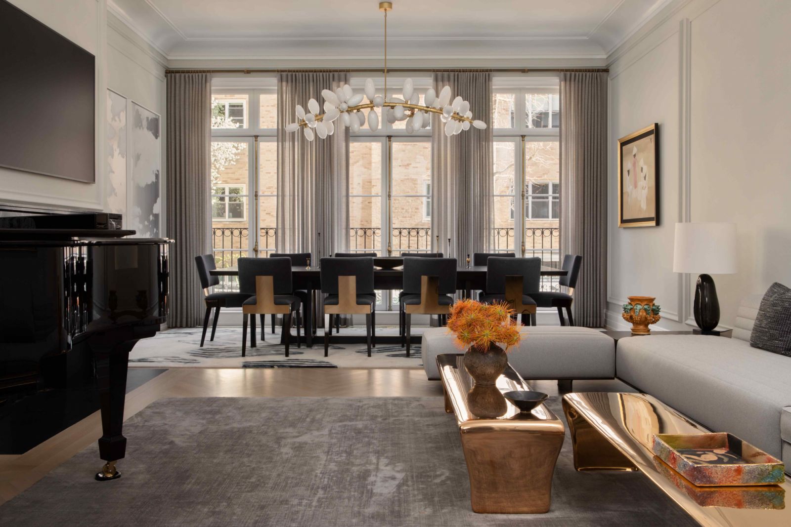 The formal and elegant living room and dining room