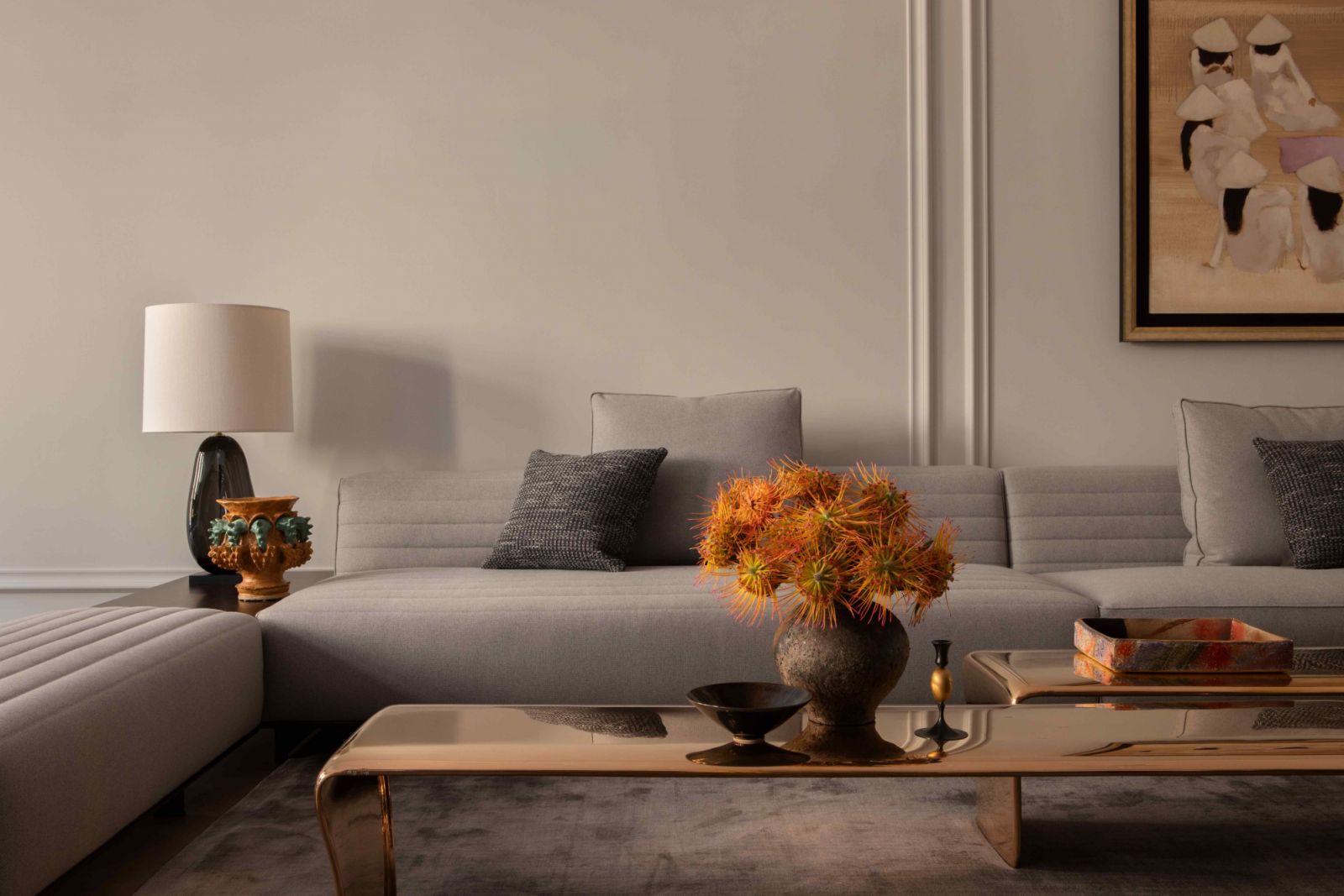 Luxurious materials layer depth in the living room