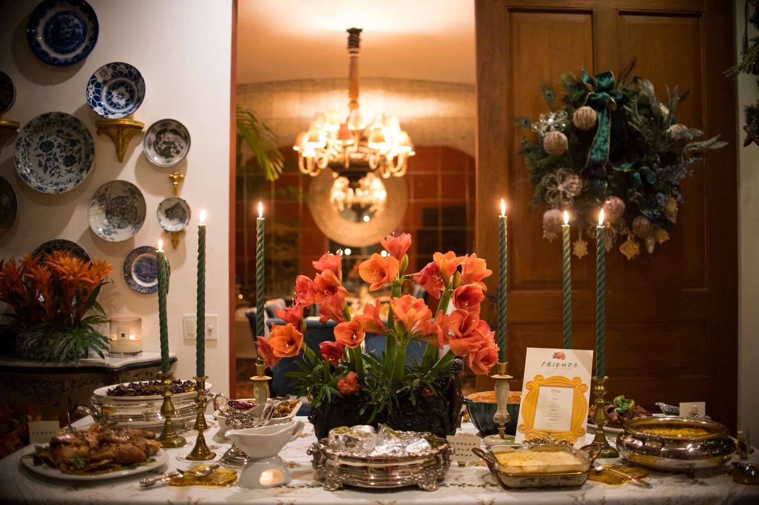Fresh flowers add vibrant charm to the buffet table, making holiday entertaining effortlessly elegant