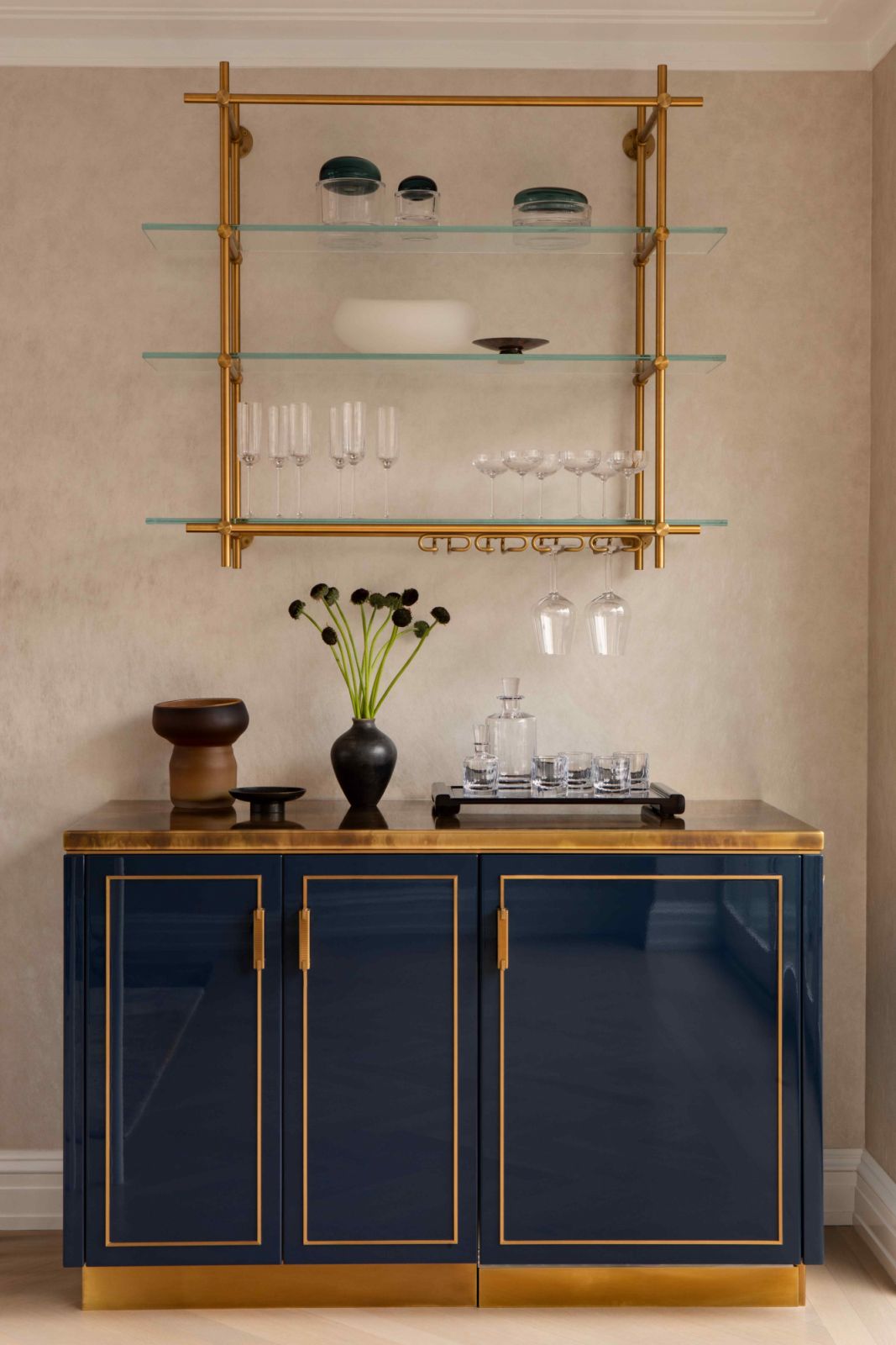 The blue lacquered bars on the second floor, complementing another on the seventh