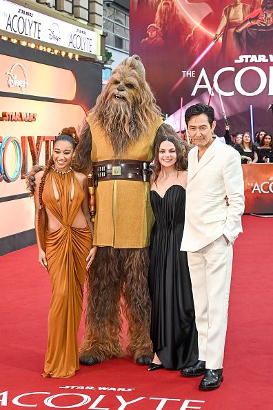 LONDON, ENGLAND - MAY 28: (L to R) Amandla Stenberg, Kelnacca, Dafne Keen and Lee Jung-jae attend the UK Premiere of "Star Wars: The Acolyte" at Odeon Luxe Leicester Square on May 28, 2024 in London, England. (Photo by Alan Chapman/Dave Benett/WireImage)