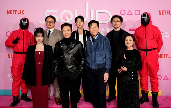 LOS ANGELES, CALIFORNIA - DECEMBER 12: (L-R) Jo Yu-ri, Lee Seo-hwan, Lee Byung-hun, Yim Si-wan, Lee Jung-jae, Yang Dong-geun and Kang Ae-shim attend the Los Angeles Premiere & Fan Event for Netflix's "Squid Game" Season 2 at Los Angeles City College on December 12, 2024 in Los Angeles, California. (Photo by Presley Ann/Getty Images for Netflix)