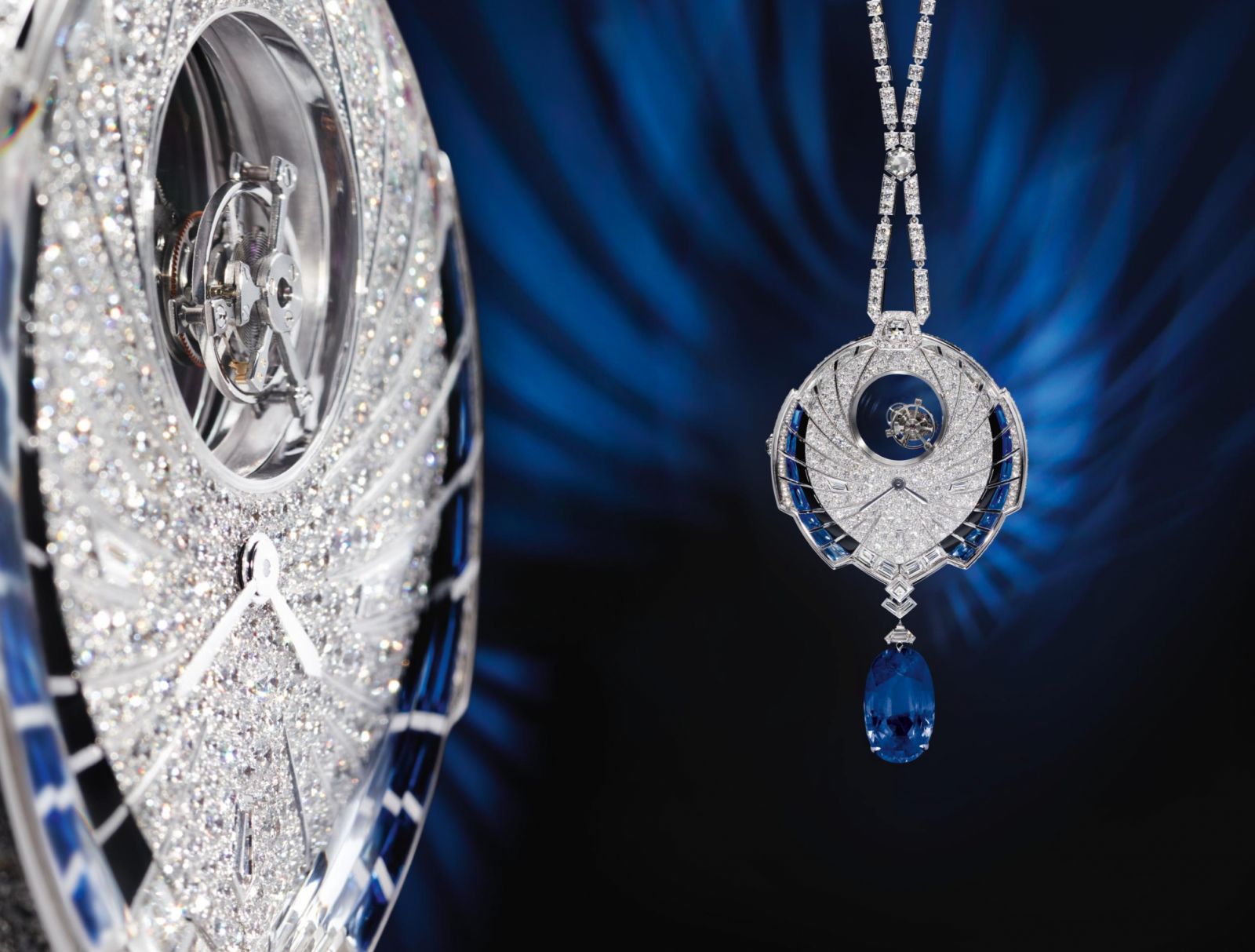 Tourbillon Mystérieux Azuré pendant watchWhite gold, one 25.93-carat oval-shaped Ceylonsapphire, diamonds, sapphires, onyx.Manufacture mechanical movement withmanual winding, calibre 9463 MC,mysterious double tourbillon.Unique piece. (Photo: Cartier)