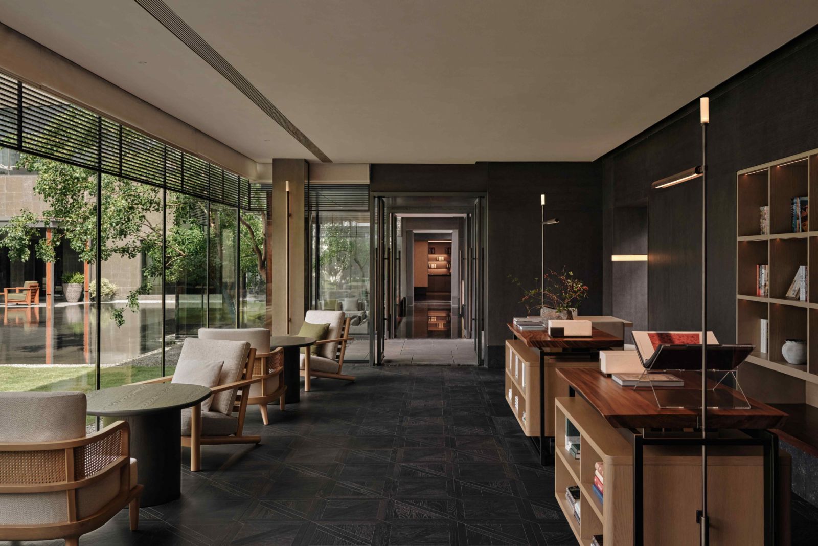 Dark timbers, textured surfaces, and stone objects in the public spaces (Photo: Hyatt Hotels)