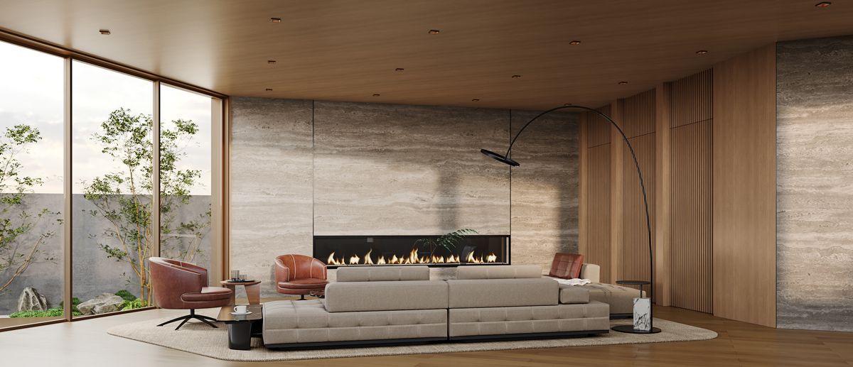 The concept proposes a long living room with a fireplace dressed in Travertine marble