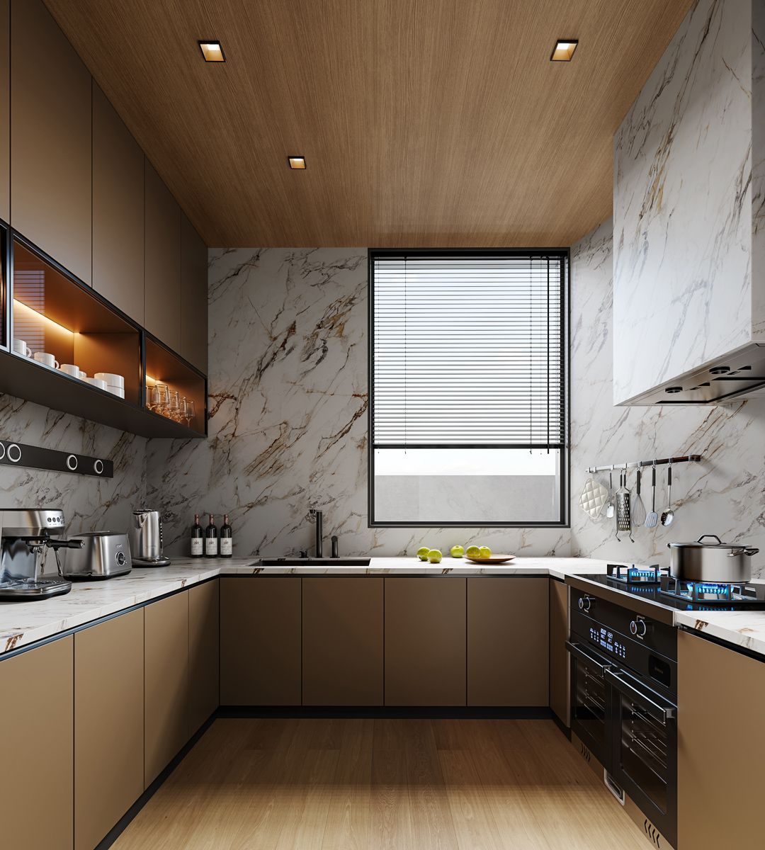The kitchen presents a warm colour palette with subtle marble look