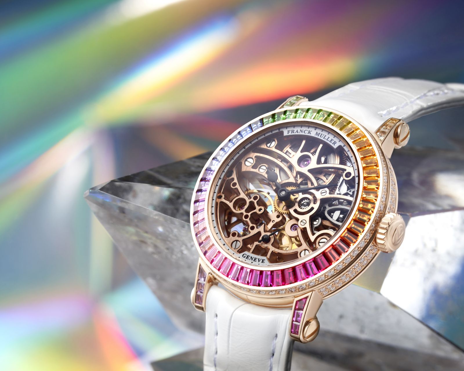 Franck Muller Round Skeleton Baguette 31 Rainbow in rose gold and set with 60 baguette-cut sapphires, rubies and tsavorites, and 156 brilliant-cut diamonds
