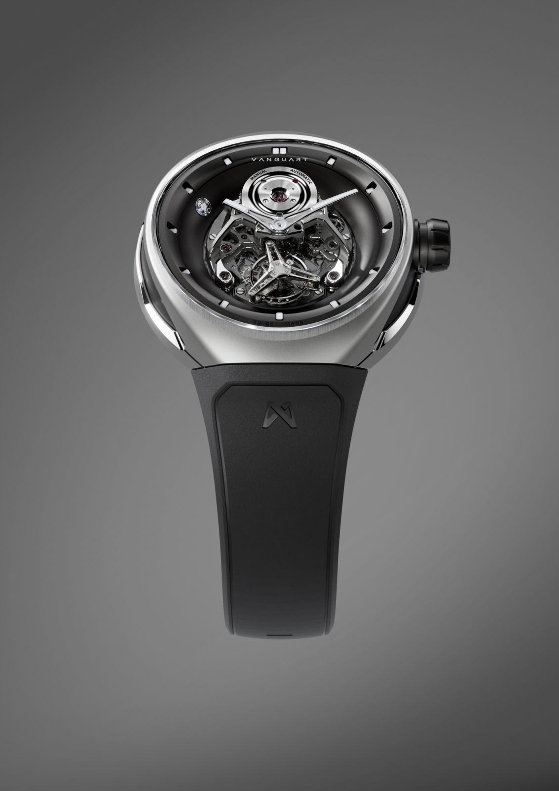 The openworked movement design and open dial display of the Orb watch, this time in titanium (Photo: Courtesy of Vanguart)