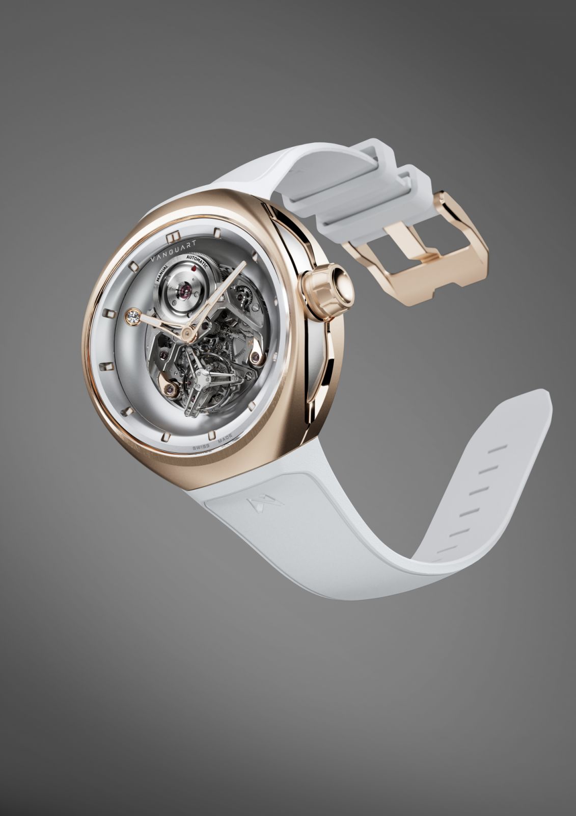 The rose gold case paired with a quick changing white rubber strap (Photo: Courtesy of Vanguart)